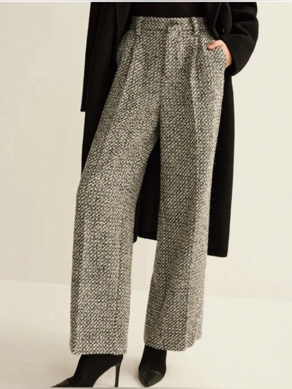 Commense Black & White Tweed Wide-Leg Trousers Wool Blemd High waist Pants